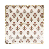 Single square plate with repeating floral motif and gold scalloped border.