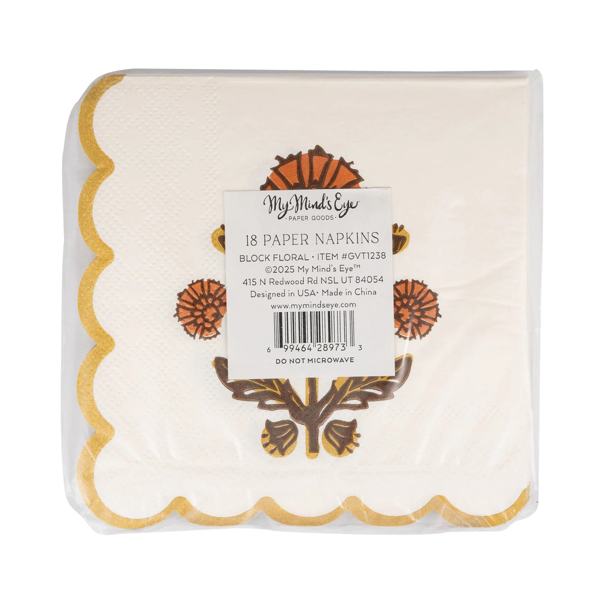 Pack of 18 floral cocktail napkins with gold scalloped edge, front label visible.