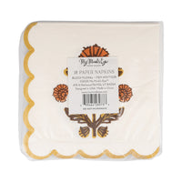 Pack of 18 floral cocktail napkins with gold scalloped edge, front label visible.