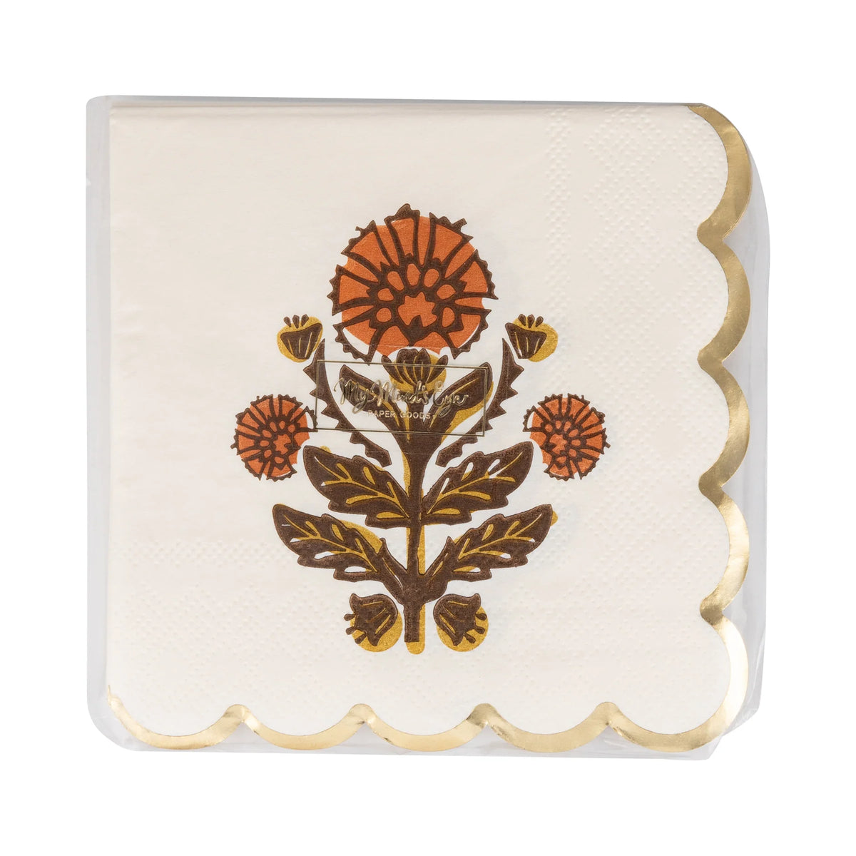 Single folded 5-inch napkin with orange floral print and gold trim.