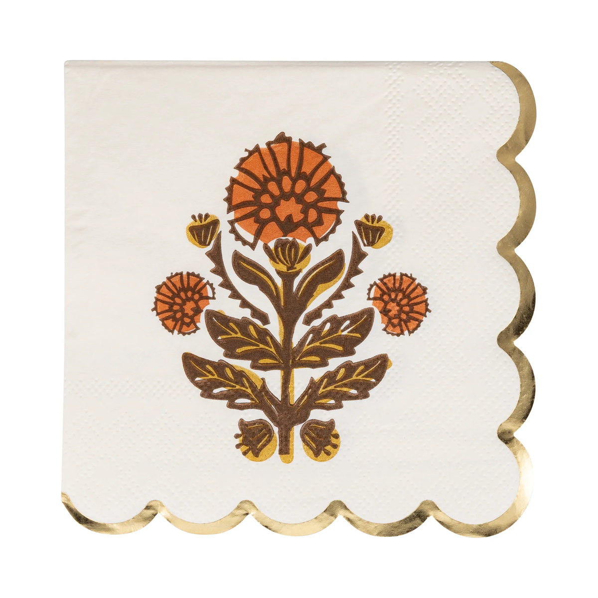Close-up of floral artwork and metallic gold scalloped border on napkin.