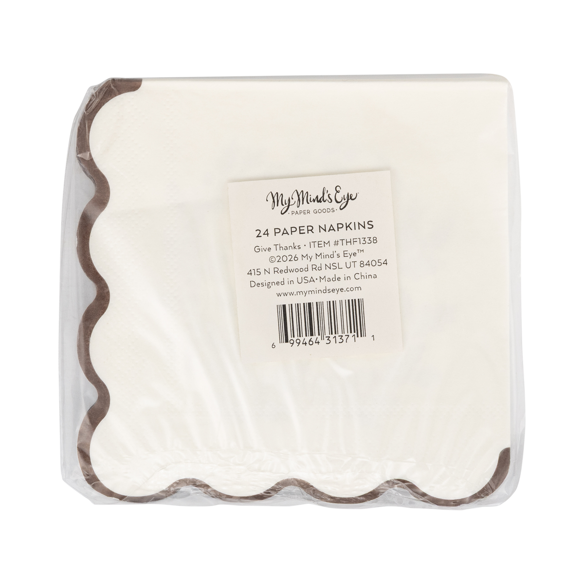 Packaged paper napkins with a visible brand label, back view.