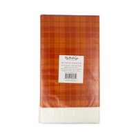 Pack of 18 plaid dinner napkins with label, orange checks and white fringe edge.