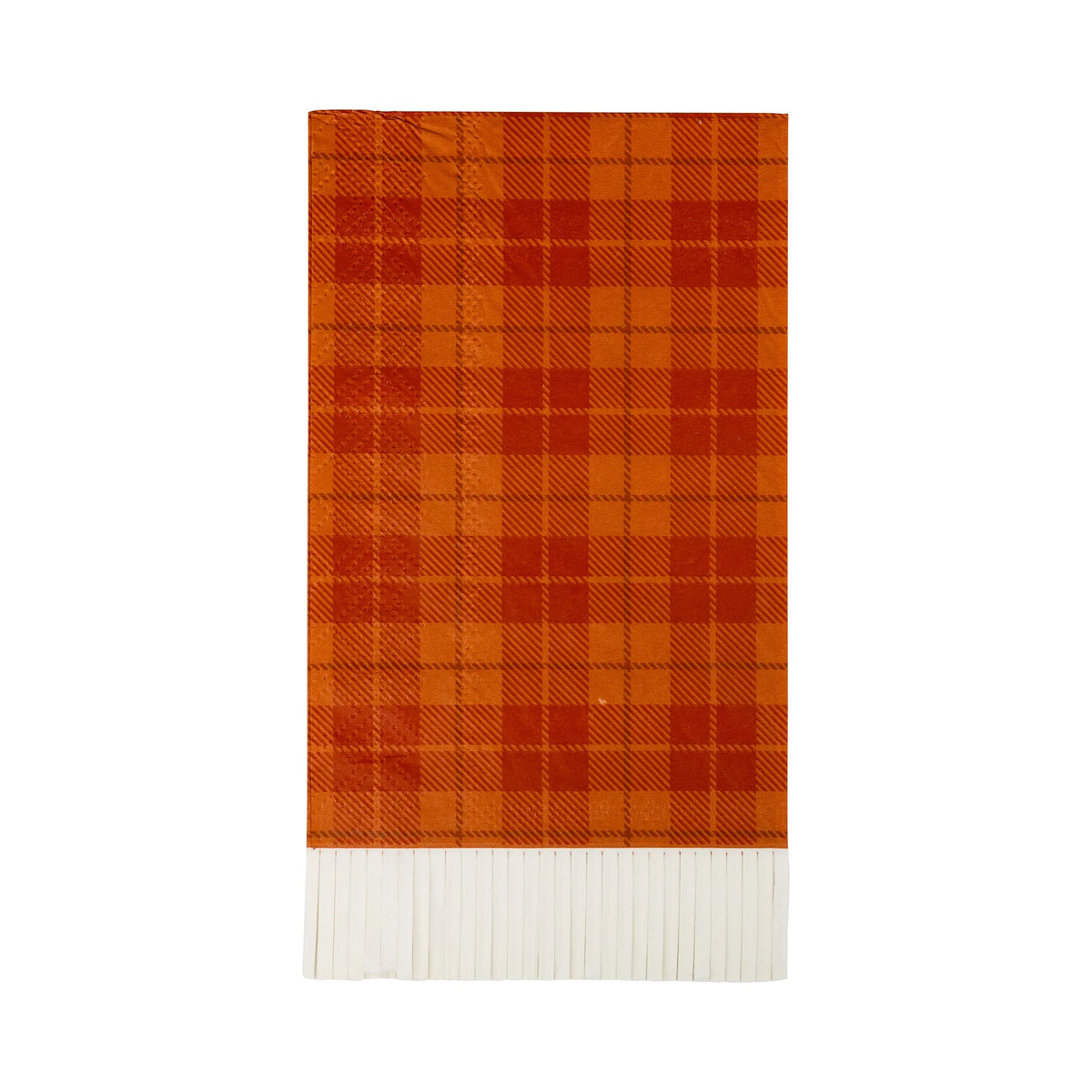 Single guest towel napkin in orange plaid pattern, front view.