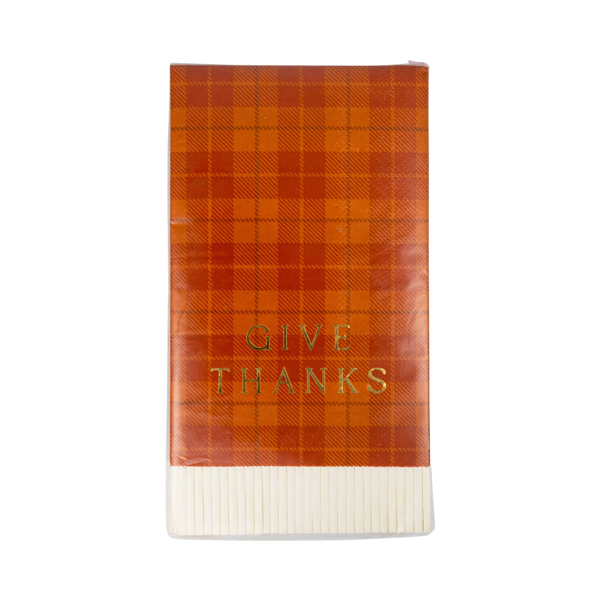 Orange plaid napkin with gold “Give Thanks” lettering, guest towel size.