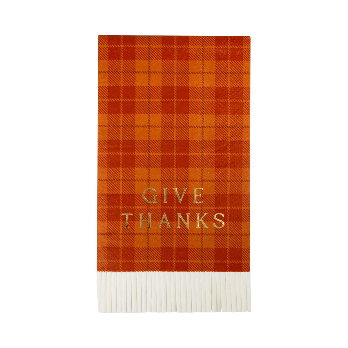 Pack of 18 plaid dinner napkins with label, orange checks and white fringe edge - perfect for Thanksgiving.