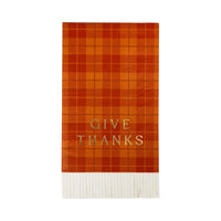 Pack of 18 plaid dinner napkins with label, orange checks and white fringe edge - perfect for Thanksgiving.