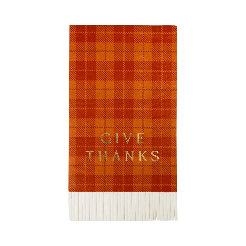 Pack of 18 plaid dinner napkins with label, orange checks and white fringe edge - perfect for Thanksgiving.