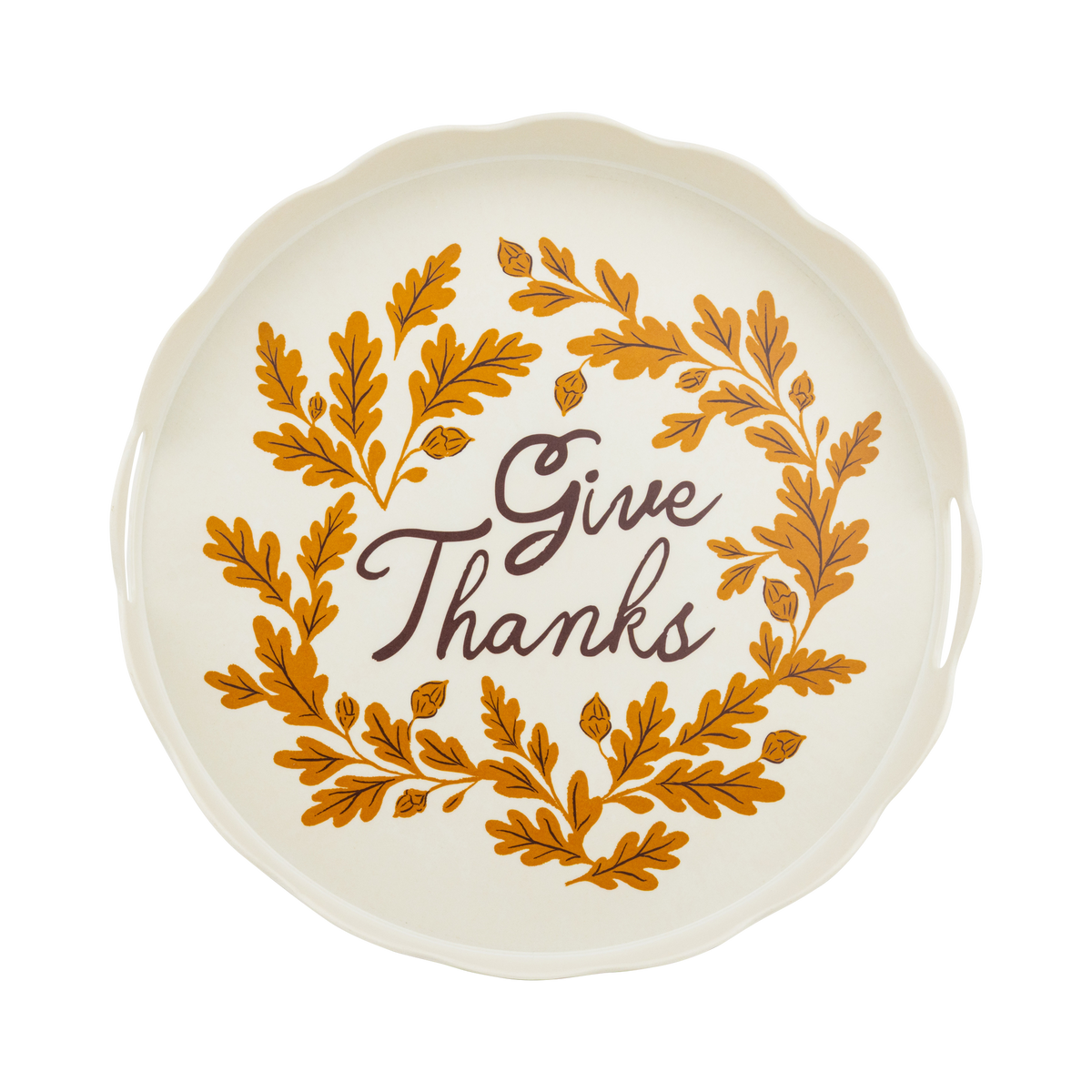 15" round cream bamboo tray with a "Give Thanks" yellow-and-brown design, overhead view.
