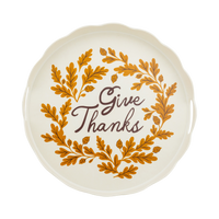 15" round cream bamboo tray with a "Give Thanks" yellow-and-brown design, overhead view.