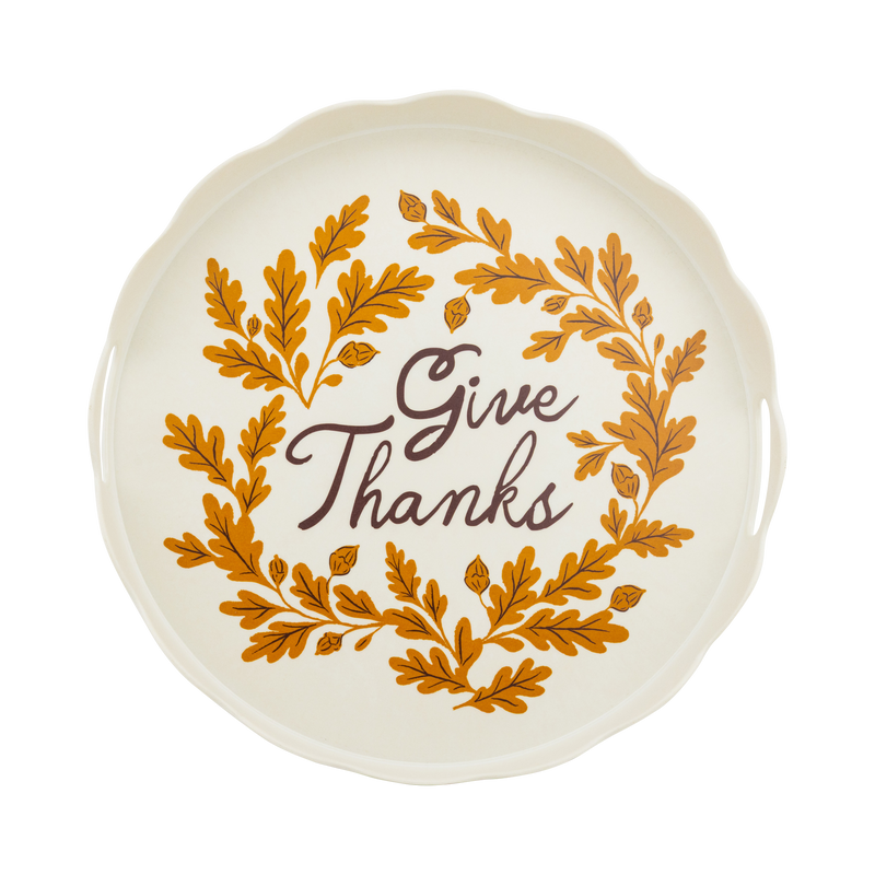 15" round cream bamboo tray with a "Give Thanks" yellow-and-brown design, overhead view.