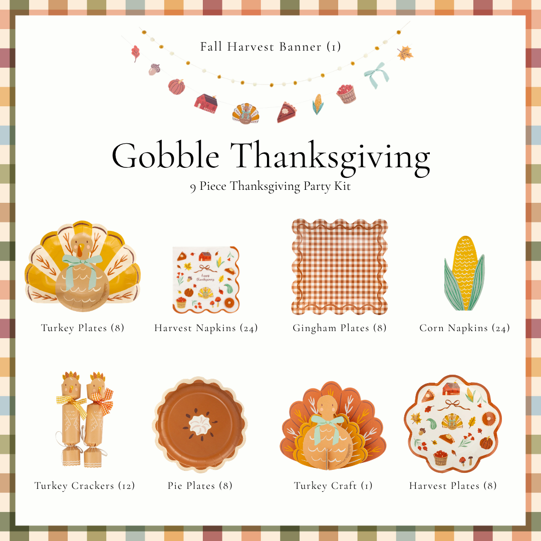 Gobble Thanksgiving 9 piece party kit with turkey plates, harvest napkins, gingham plates, corn napkins, turkey crackers, pie plates, turkey craft, harvest plates and fall harvest banner