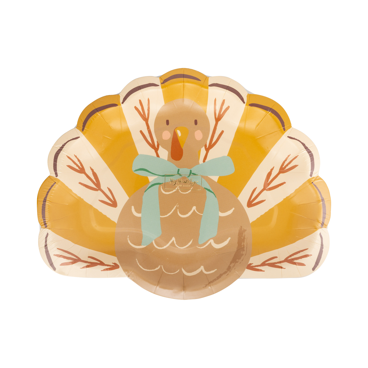 Stack of 8 Gobble turkey plates fanned to show the shape inside a clear packaging