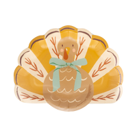 Stack of 8 Gobble turkey plates fanned to show the shape inside a clear packaging