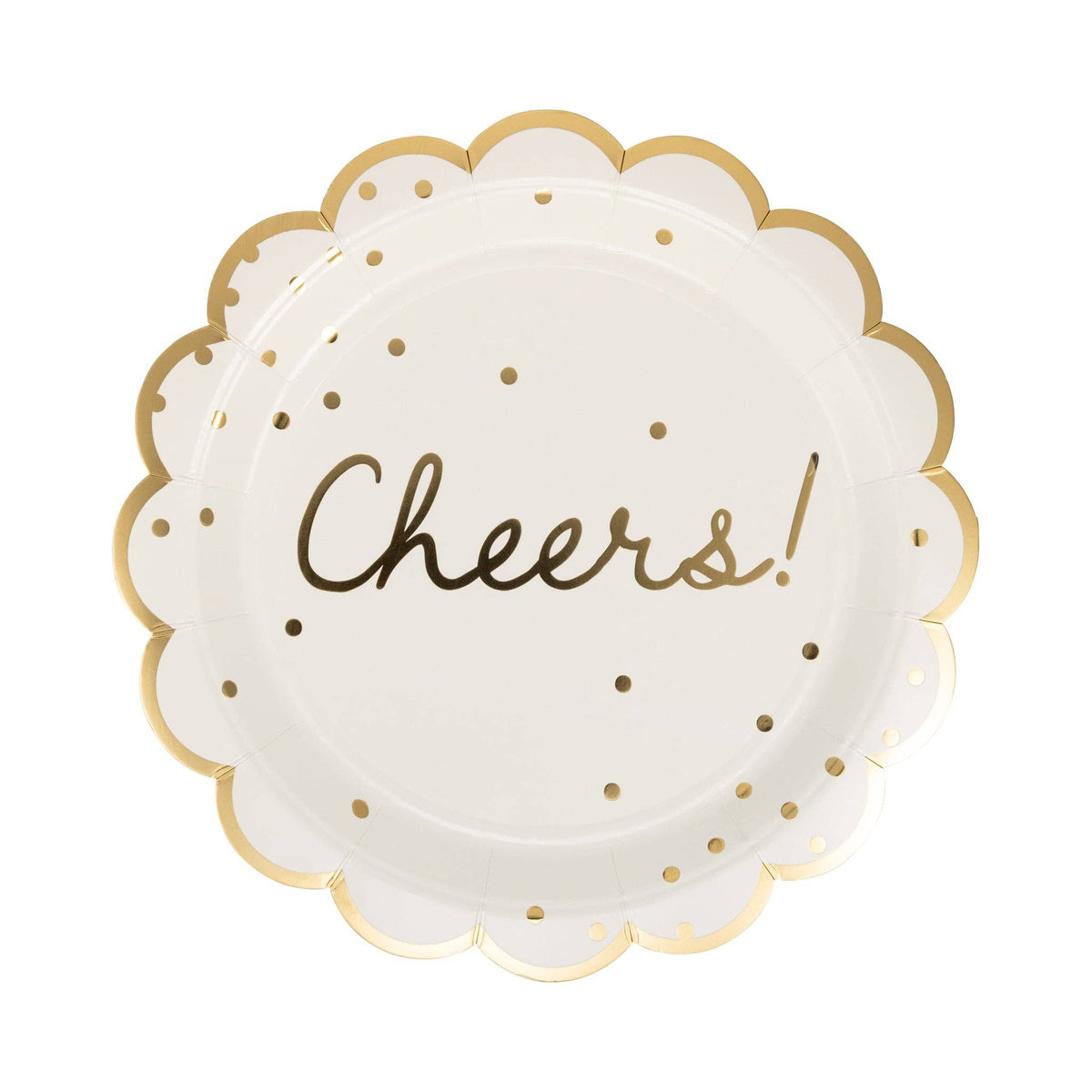 Single round cream paper dinner plate with gold foil Cheers script scattered gold dots and gold foil wavy scalloped border on white background
