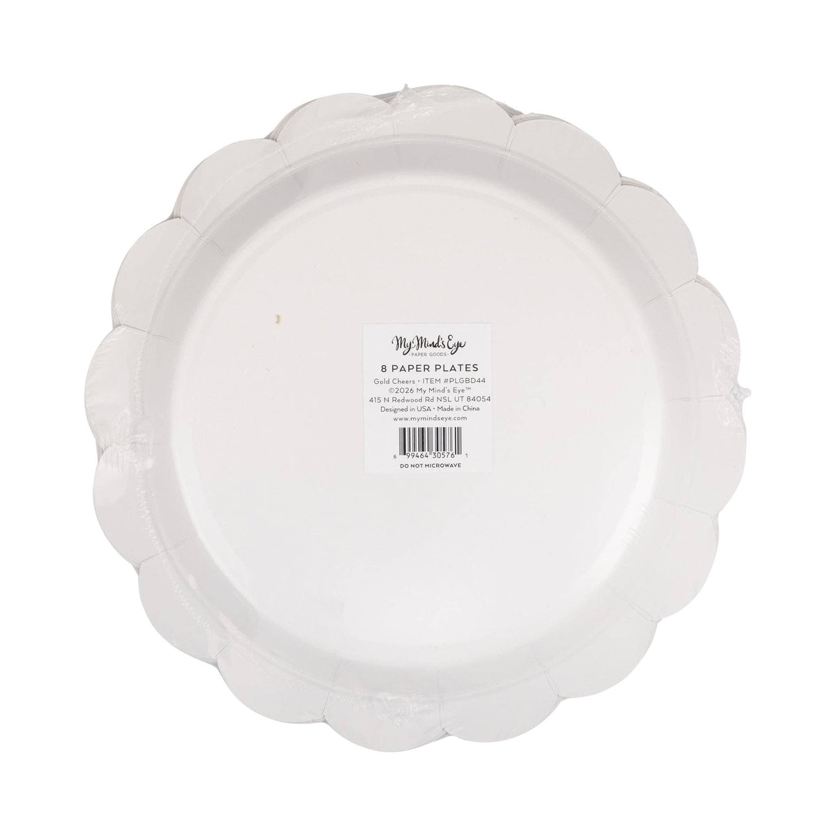 Back of My Mind's Eye gold Cheers scalloped paper dinner plate 8ct in clear retail packaging showing product label on white background