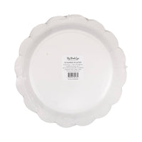 Back of My Mind's Eye gold Cheers scalloped paper dinner plate 8ct in clear retail packaging showing product label on white background