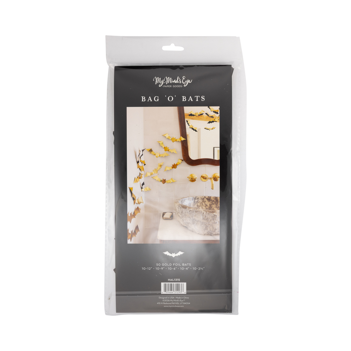 Packaged product with decorative large gold-foil bat, back view.