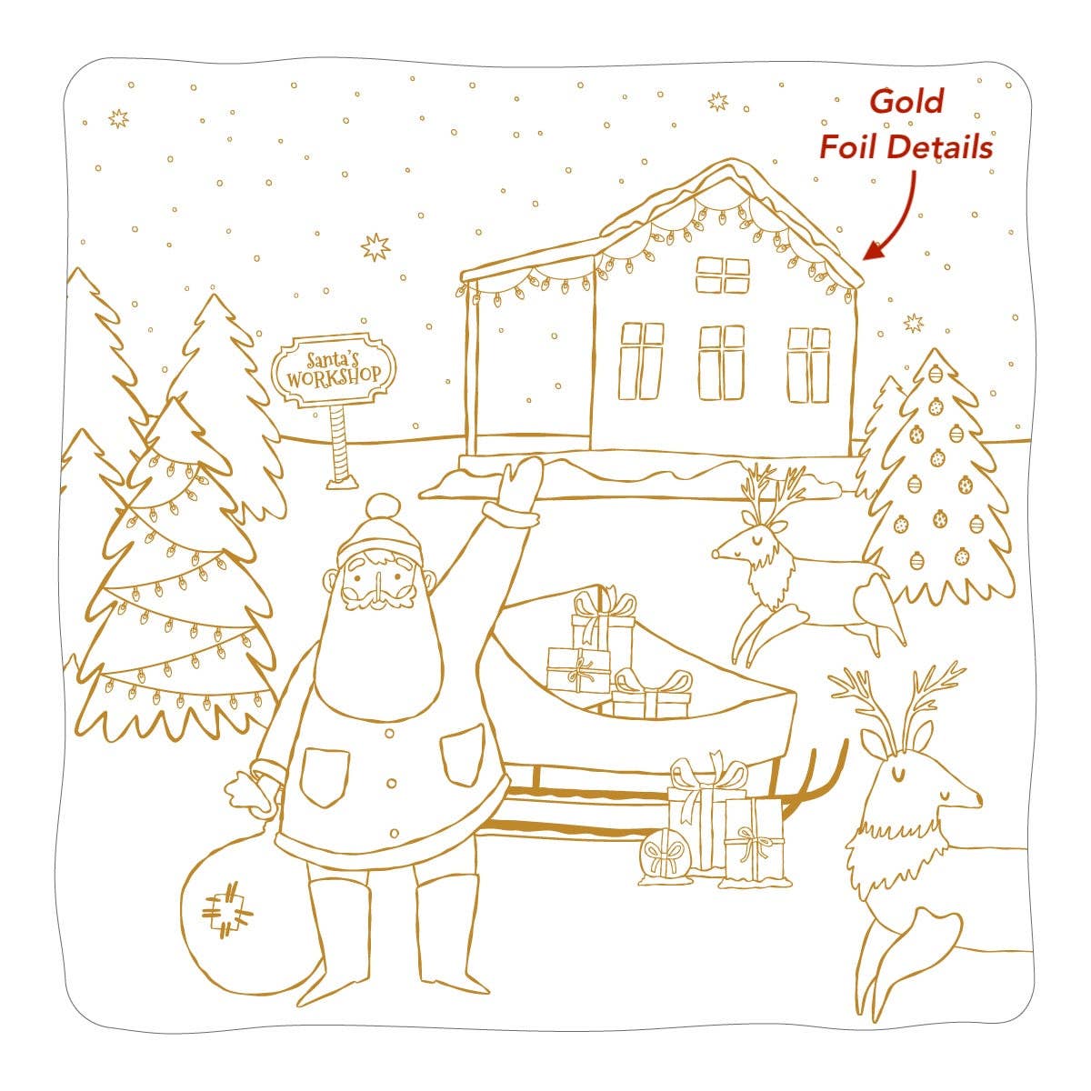Close-up graphic highlighting the gold foil details on the roof of the winter cabin line art.