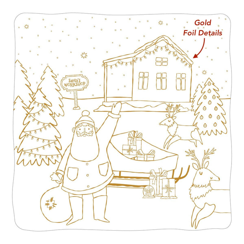 Close-up graphic highlighting the gold foil details on the roof of the winter cabin line art.