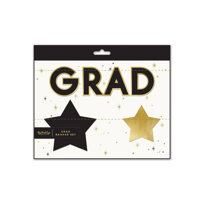 Packaging for a graduation banner set featuring a pre-strung congrats banner and gold foil stars.
