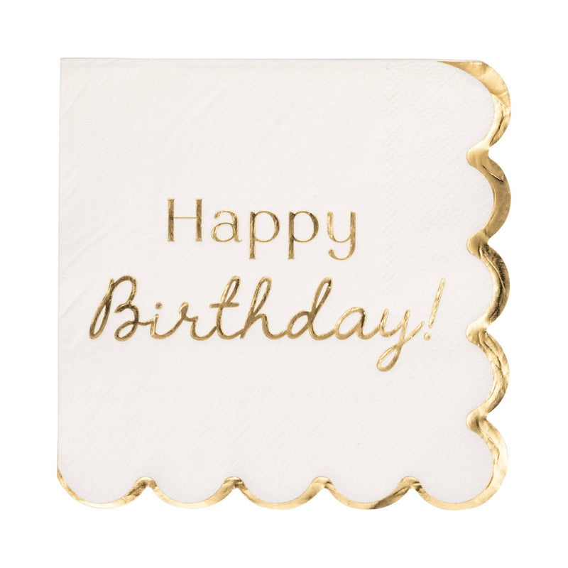 Single cream cocktail napkin with gold foil Happy Birthday script and gold foil wavy scalloped border on white background