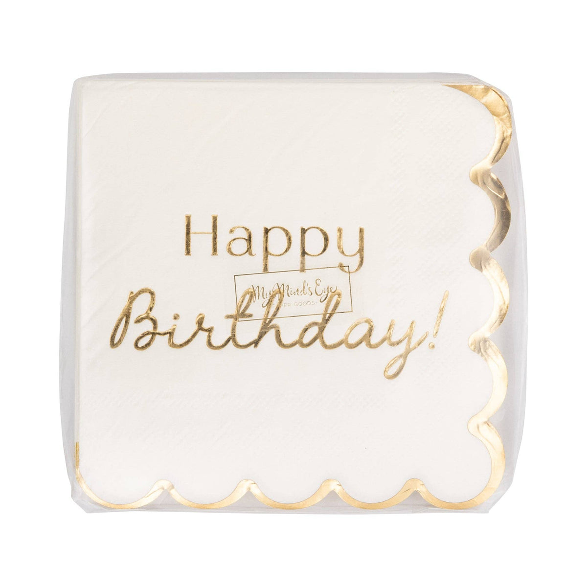 Stack of cream gold foil Happy Birthday cocktail napkins in clear packaging showing gold foil script and scalloped edge detail
