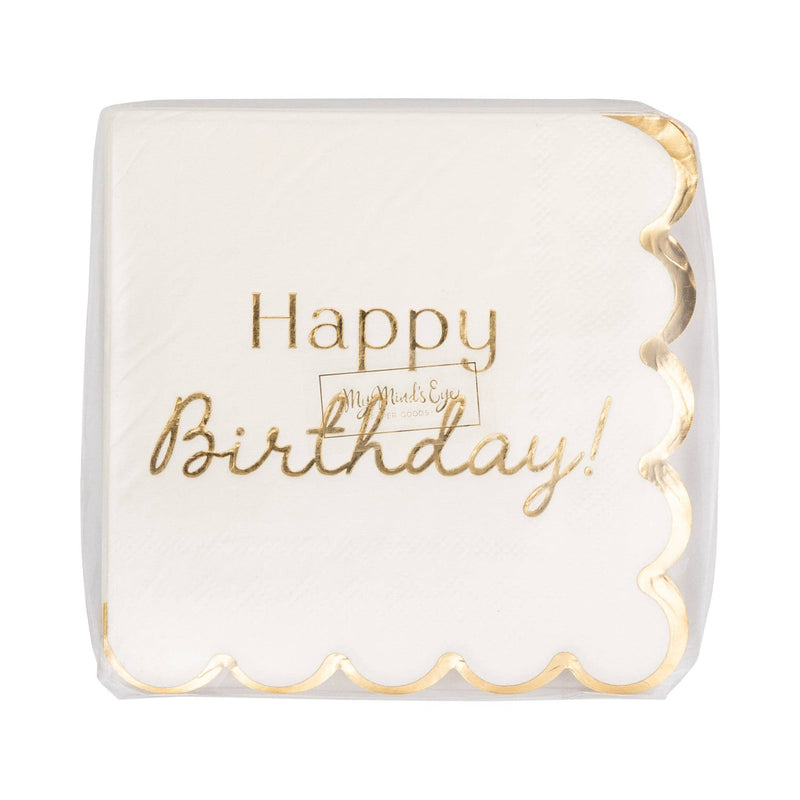 Stack of cream gold foil Happy Birthday cocktail napkins in clear packaging showing gold foil script and scalloped edge detail