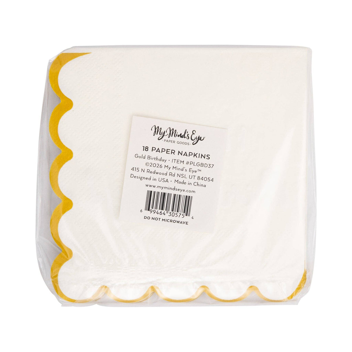 Back of My Mind's Eye gold birthday cocktail napkins 18ct in clear retail packaging showing product label on white background
