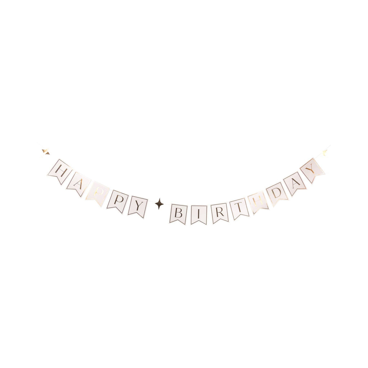 Gold foil Happy Birthday pennant banner with cream thread and gold star accents hung against white background showing full 6 foot length