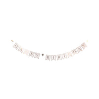 Gold foil Happy Birthday pennant banner with cream thread and gold star accents hung against white background showing full 6 foot length