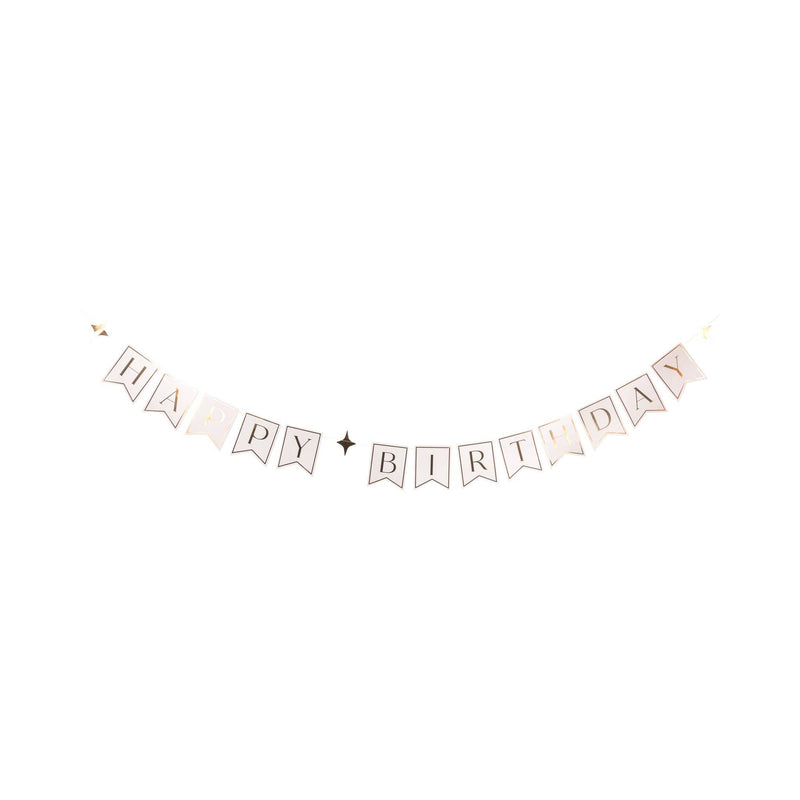 Gold foil Happy Birthday pennant banner with cream thread and gold star accents hung against white background showing full 6 foot length