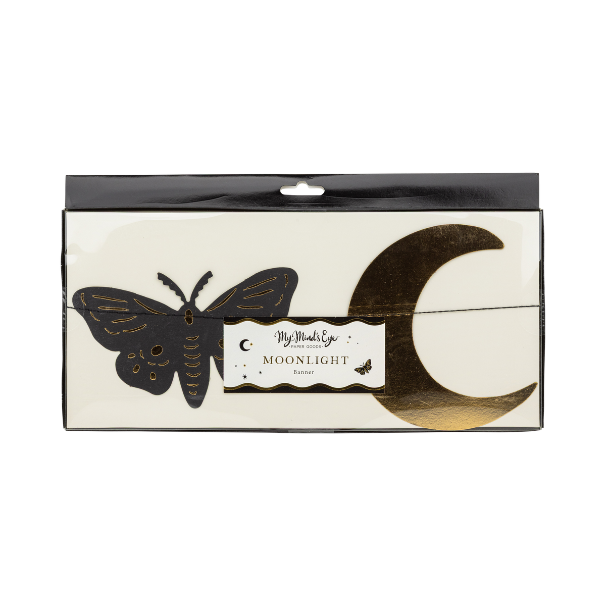 Front product packaging of the My Mind's Eye Moonlight Moths and Stars sewn banner with a clear display window highlighting the gold foil crescent moon and moth cutouts.