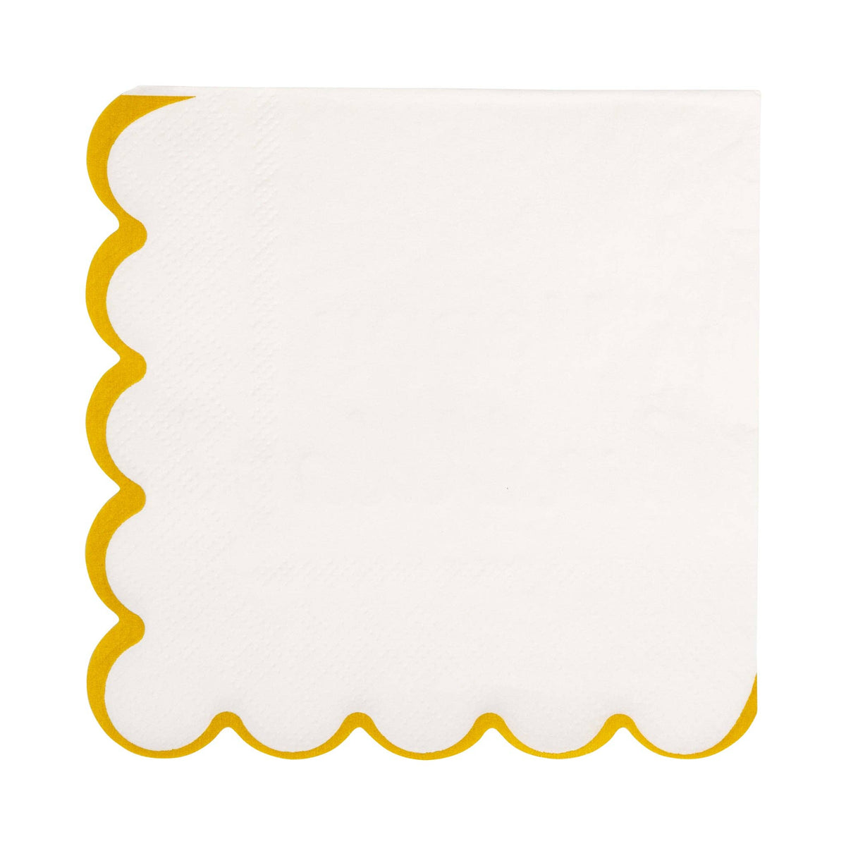 Single cream paper cocktail napkin with gold foil wavy scalloped edge on white background showing clean reverse side