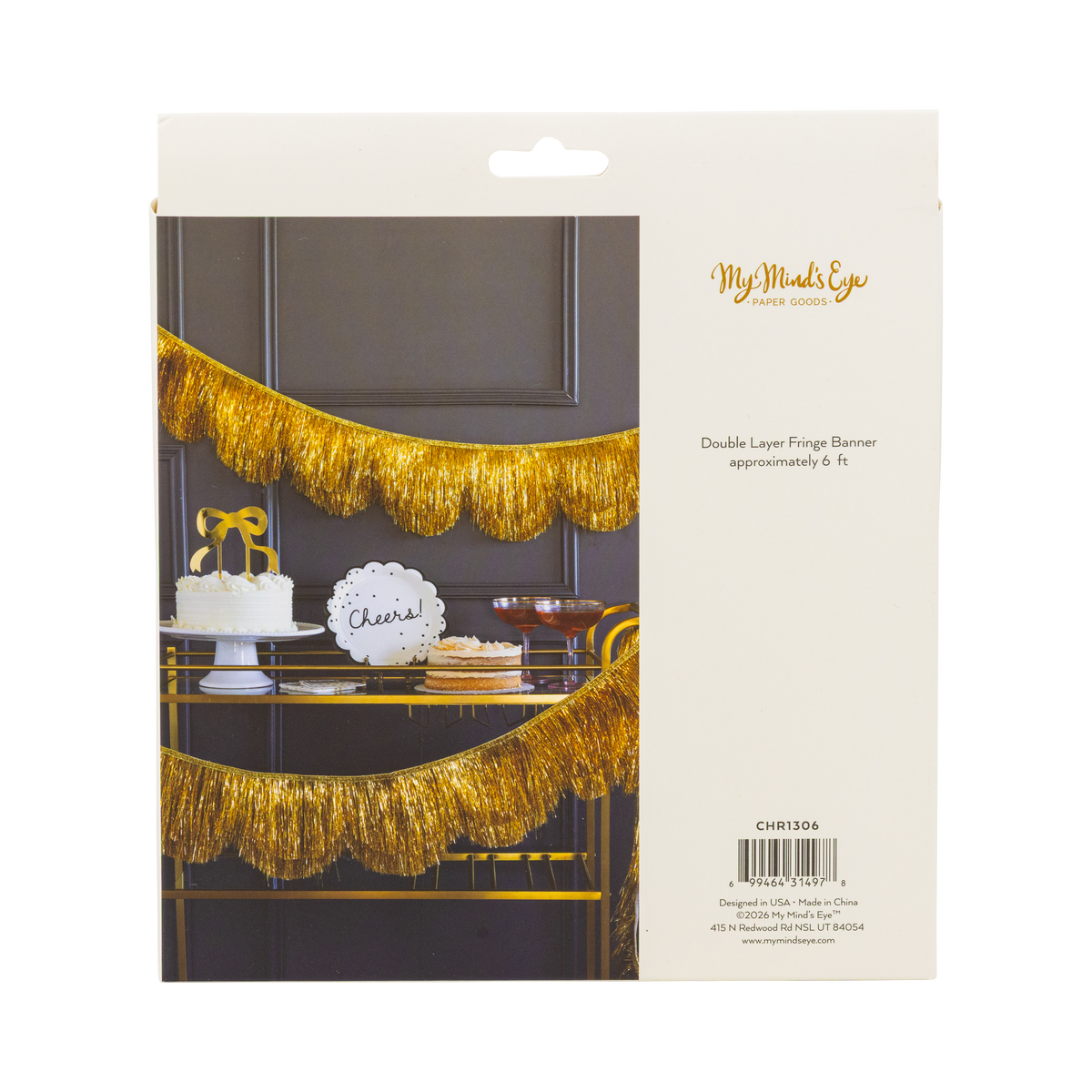 Back of the gold fringe banner packaging.
