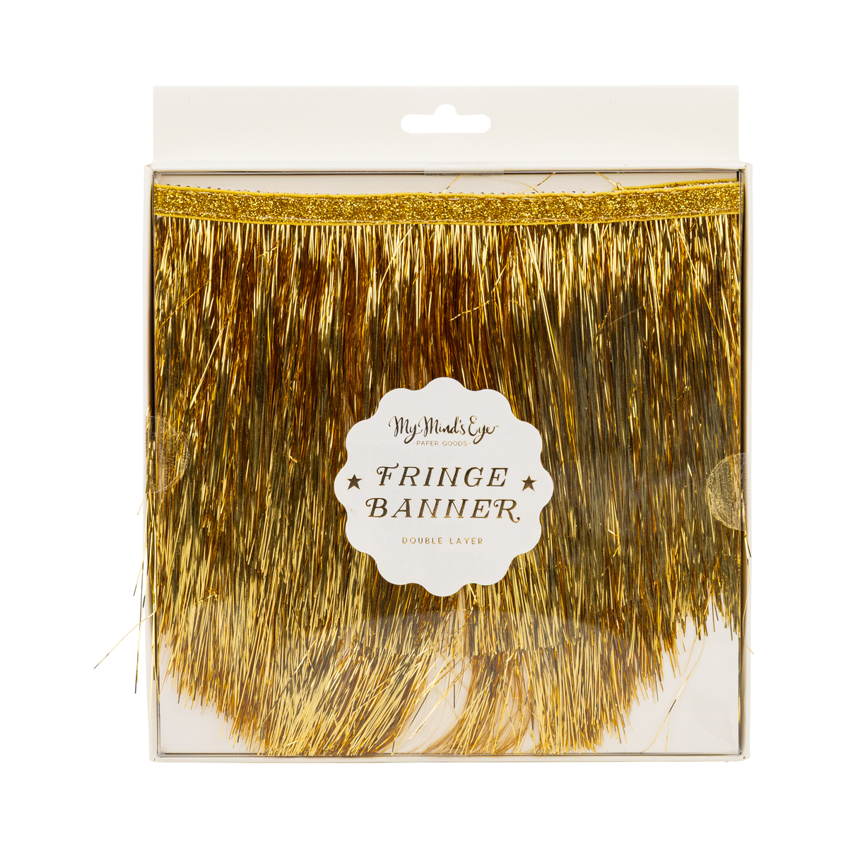 Packaging front for the gold fringe banner showing the folded fringe and a "Fringe Banner" label.