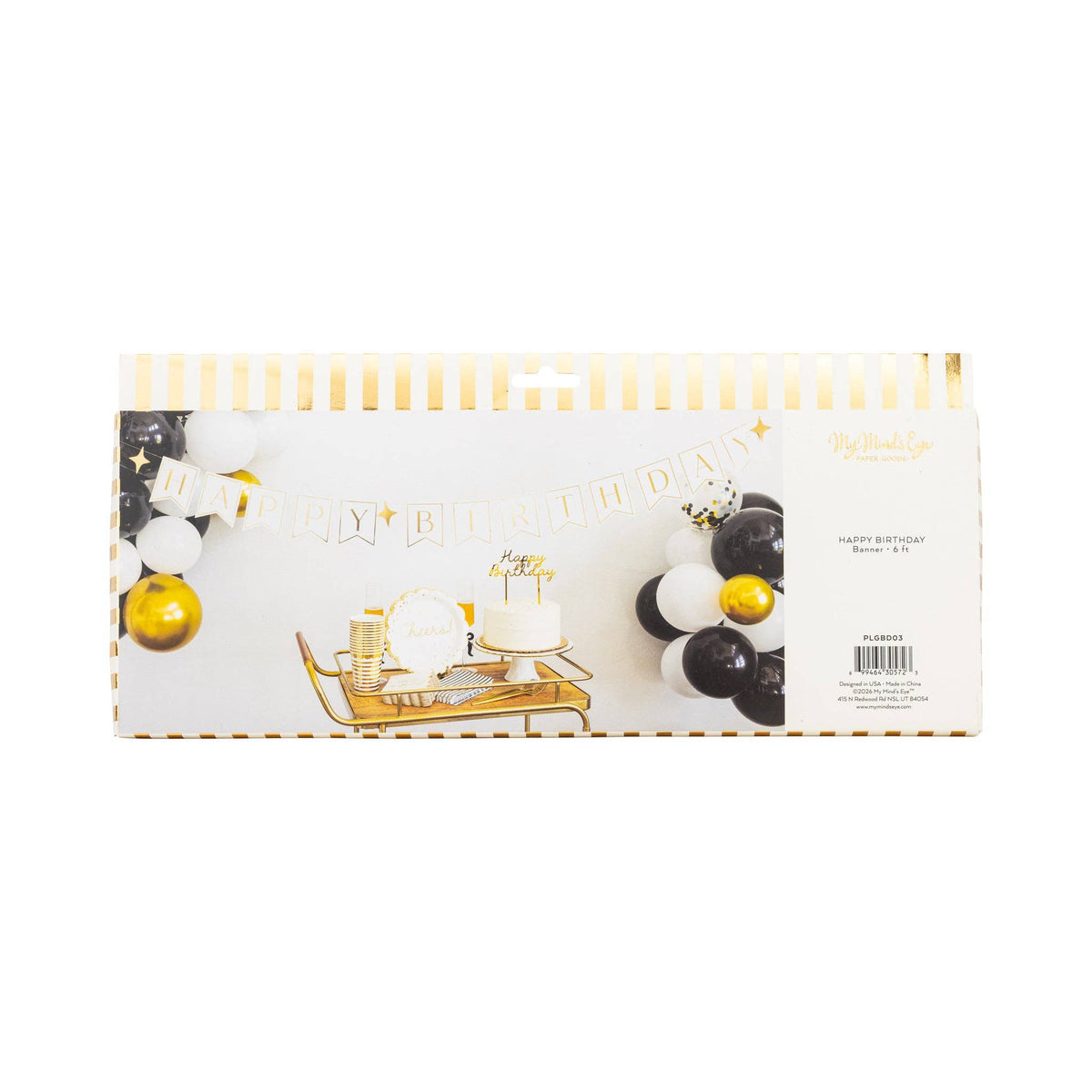 Back of My Mind's Eye gold Happy Birthday banner retail packaging showing full lifestyle party setup with black white and gold balloon garland