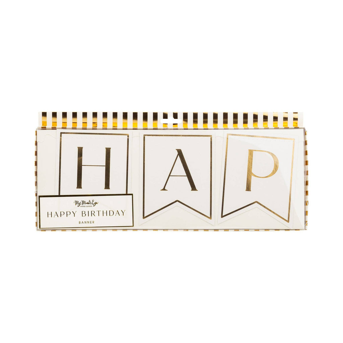 Front of My Mind's Eye gold Happy Birthday banner box showing white pennant flags with gold foil H A P letters and gold stripe packaging detail