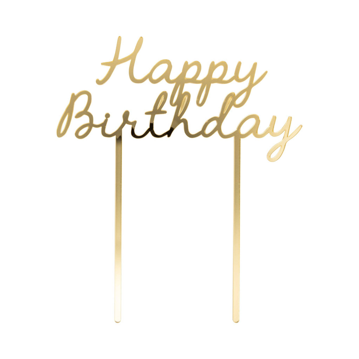 Single gold mirror acrylic Happy Birthday cake topper with hand lettered script and two solid picks on white background