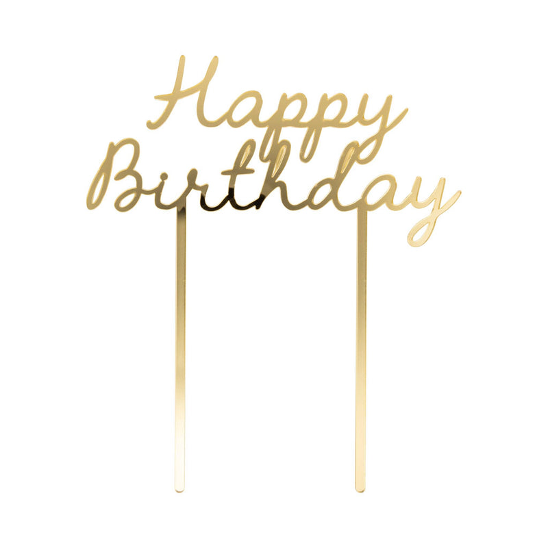 Single gold mirror acrylic Happy Birthday cake topper with hand lettered script and two solid picks on white background