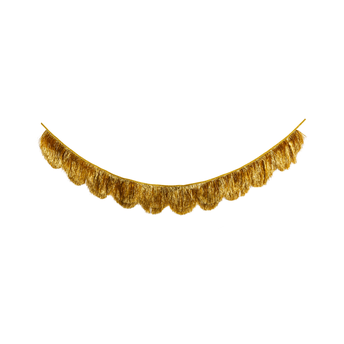 Gold scalloped mylar fringe banner draped on a white background.