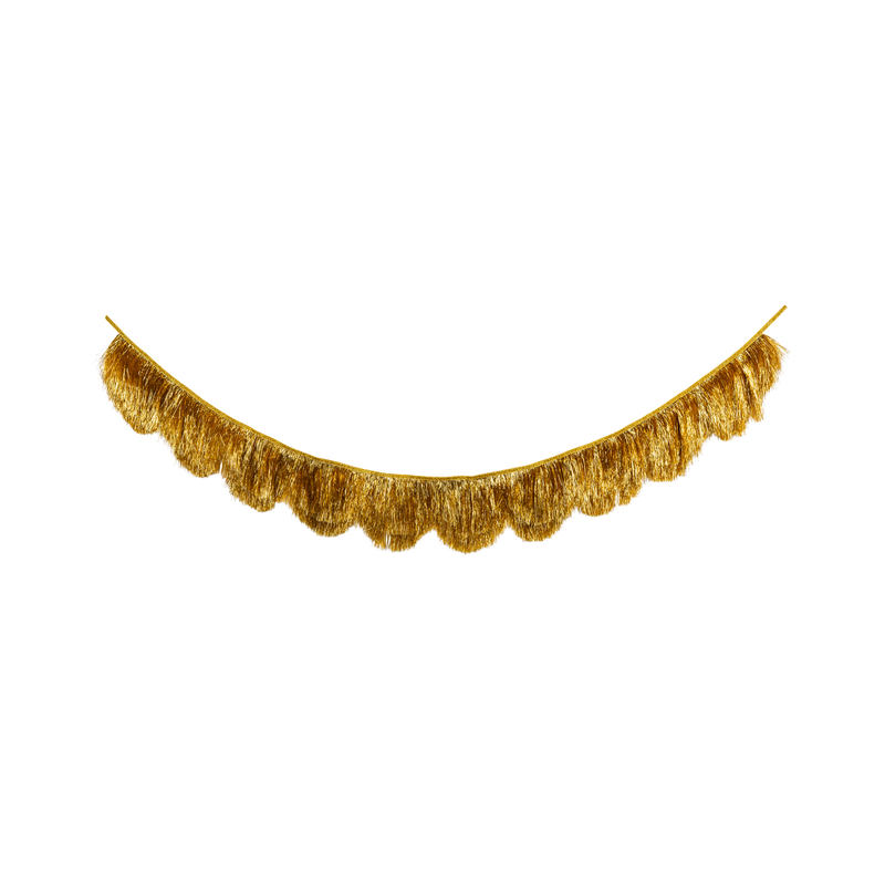 Gold scalloped mylar fringe banner draped on a white background.