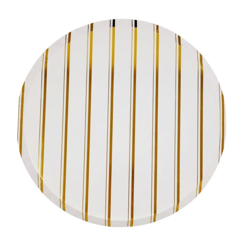 white plate with vertical gold foil stripe design
