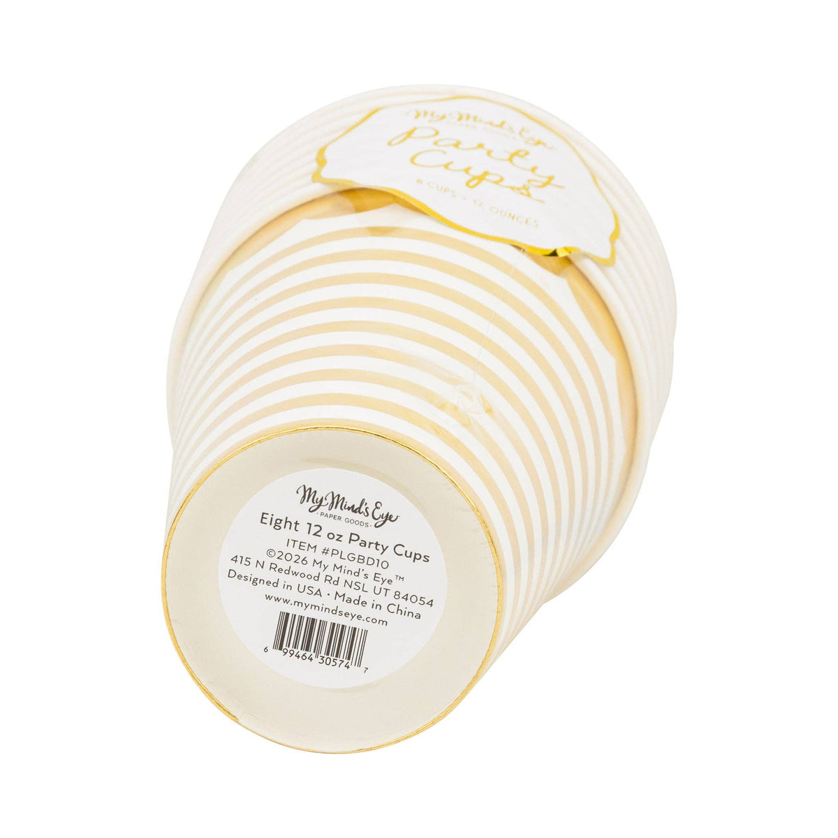 Bottom view of stacked gold and white striped 12oz party cups with My Mind's Eye label showing 8 cups 12 ounces on white background