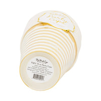 Bottom view of stacked gold and white striped 12oz party cups with My Mind's Eye label showing 8 cups 12 ounces on white background