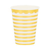 Single gold and white striped 12oz paper party cup with gold foil scallop rim detail on white background