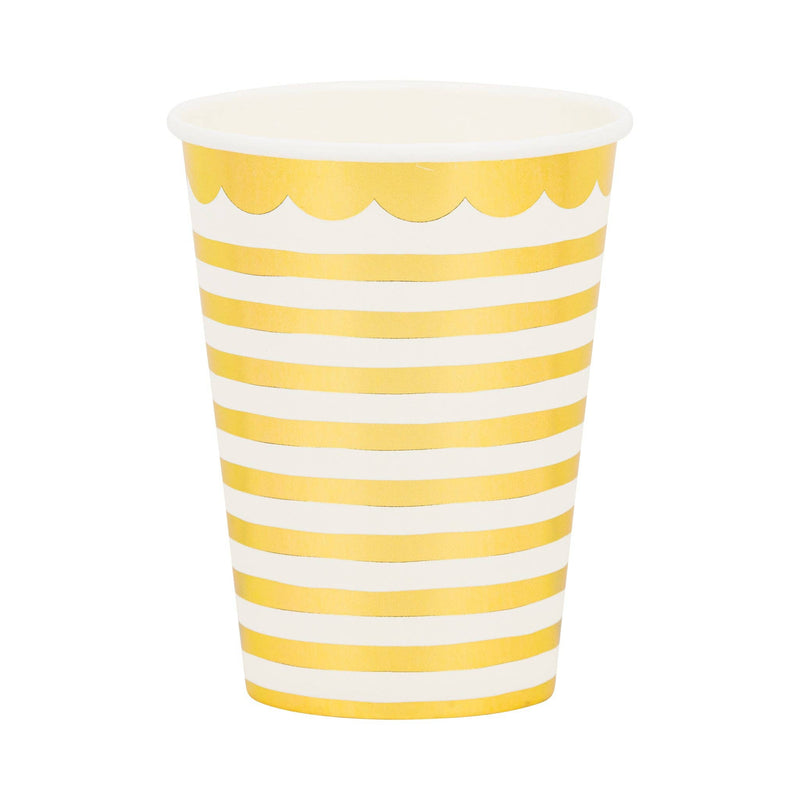 Single gold and white striped 12oz paper party cup with gold foil scallop rim detail on white background
