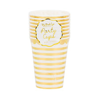 Stack of eight gold and white striped 12oz party cups with My Mind's Eye Party Cups scalloped gold label on white background