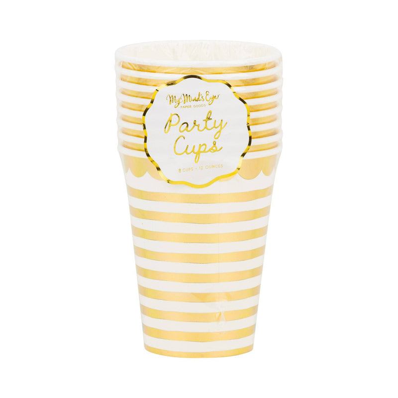 Stack of eight gold and white striped 12oz party cups with My Mind's Eye Party Cups scalloped gold label on white background