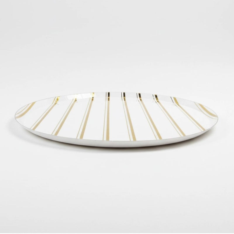 side view of gold striped paper dinner plate
